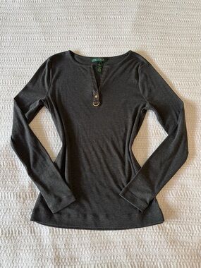 Lauren Ralph Lauren Charcoal Grey Long-Sleeve Henley with Gold Ring